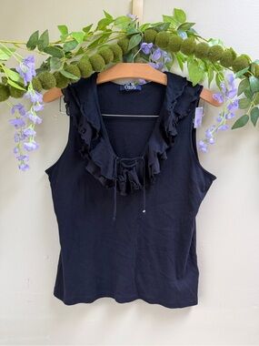 Chaps Y2K Black Ruffle Tank Top w/Lace Up Detail, size L